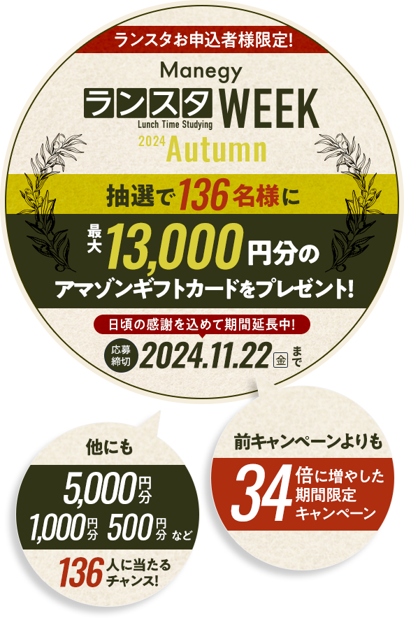 秋のManegyボーナスキャンペーン！抽選で136名様にアマゾンギフトカードをプレゼント！