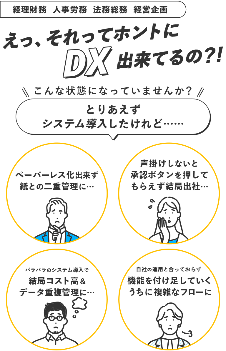 経理財務/人事労務/法務総務/経営企画 バックオフィスのDX化や業務改善のための情報収集！経営管理の課題解決につながる manegy toB えっ、それってホントにDX出来てるの？！ こんな状態になっていませんか？とりあえずシステム導入したけれど…… ペーパーレス化出来ず紙との二重管理に… 声掛けしないと承認ボタンを押してもらえず結局出社… バラバラのシステム導入で結局コスト高&データ重複管理に… 自社の運用と合っておらず機能を付け足していくうちに複雑なフローに