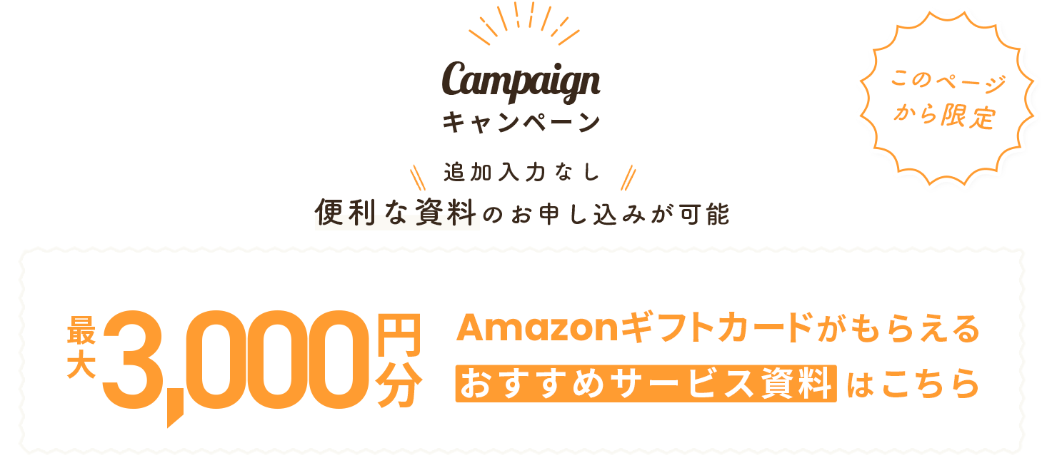 このページから限定 キャンペーン 追加入力なしで便利な資料のお申し込みが可能 最大3,000円分のAmazonギフトカードがもらえるおすすめサービス資料はこちら