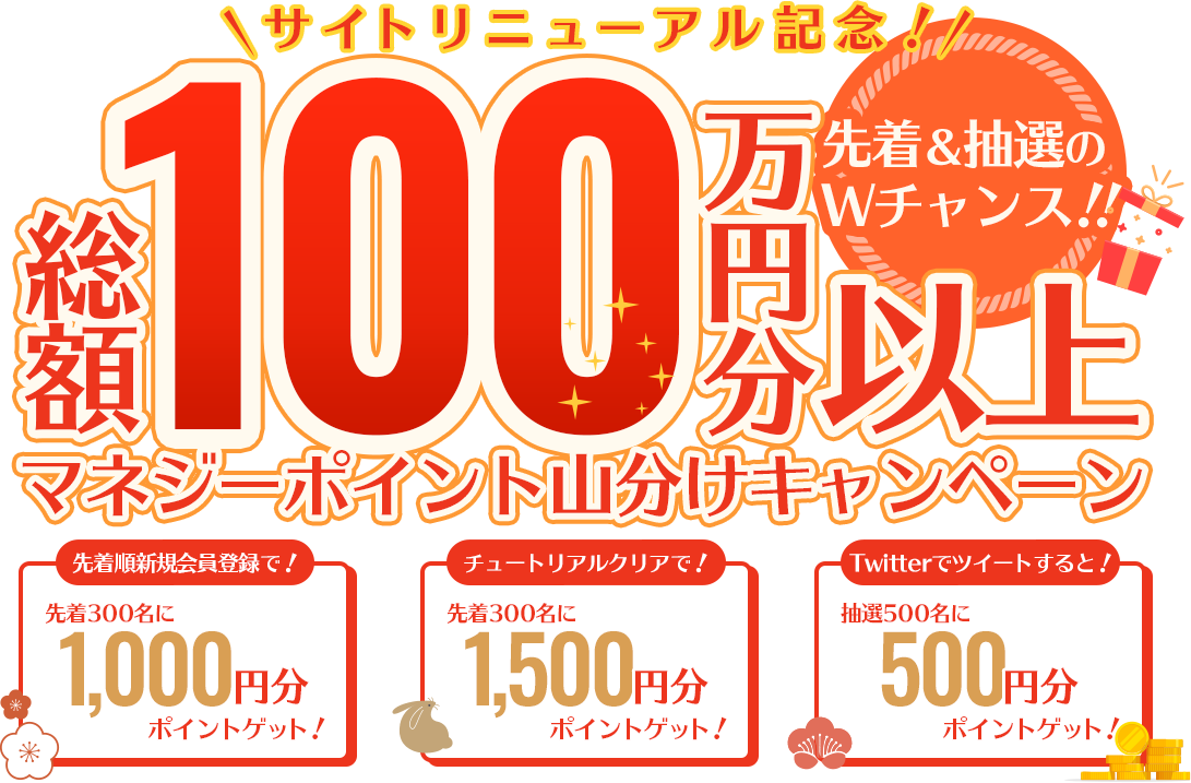 サイトリニューアル記念！先着＆抽選のWチャンス！！総額100万円分以上 マネジーポイント山分けキャンペーン 先着順新規会員登録で！- 先着300名に1,000円分ポイントゲット！ | チュートリアルクリアで！- 先着300名に1,500円分ポイントゲット！ | witterでツイートすると！- 先着500名に500円分ポイントゲット！