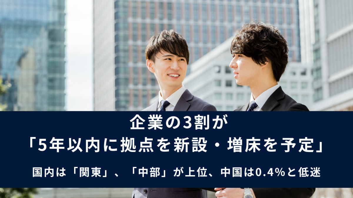 企業の3割が「5年以内に拠点を新設・増床を予定」　　国内は「関東」、「中部」が上位、中国は0.4％と低迷