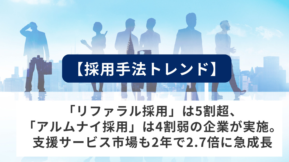 【採用手法トレンド】「リファラル採用」は5割超、「アルムナイ採用」は4割弱の企業が実施。支援サービス市場も2年で2.7倍に急成長